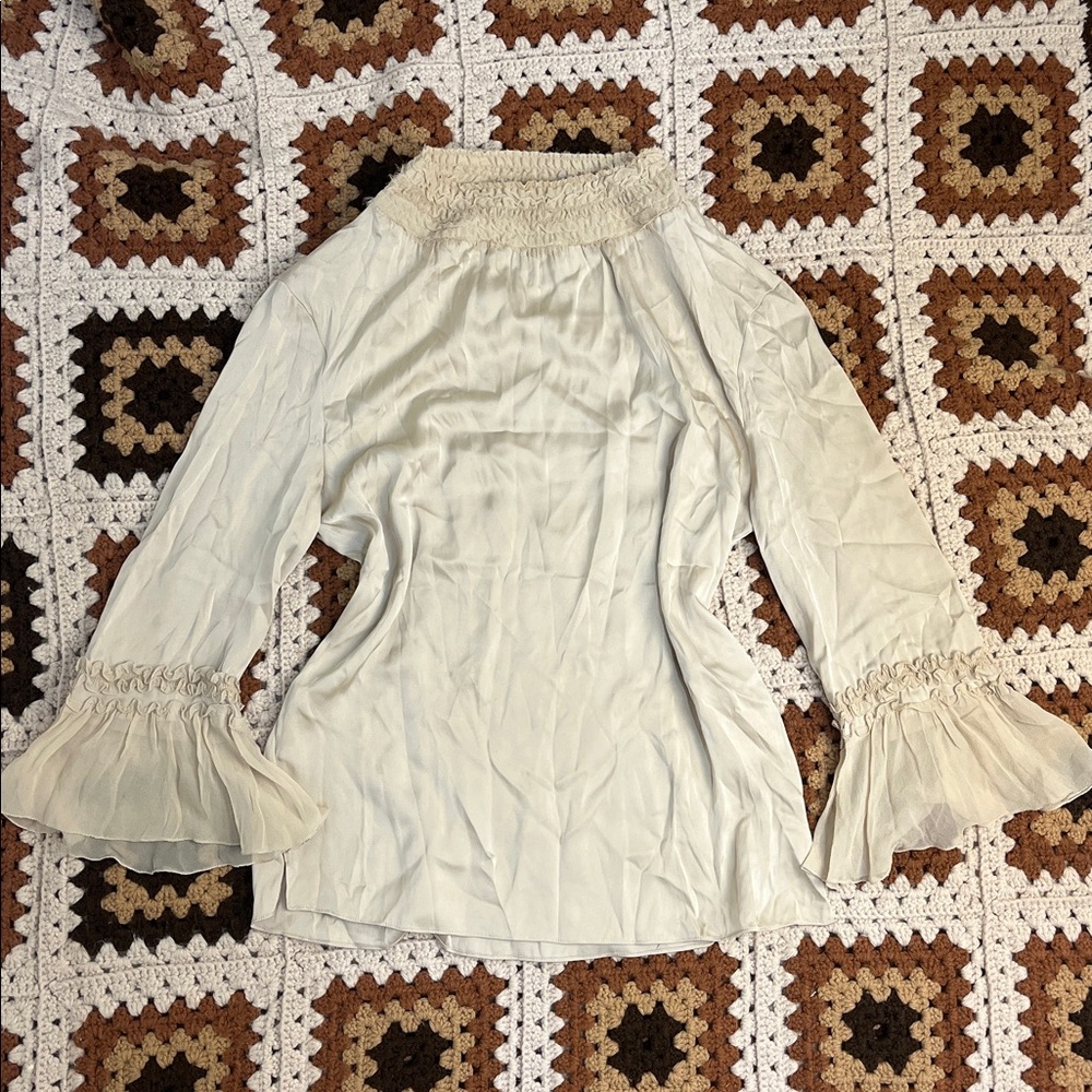 Kobi Halperin High Neck 100% Silk Flutter Sleeve Cream Blouse XS